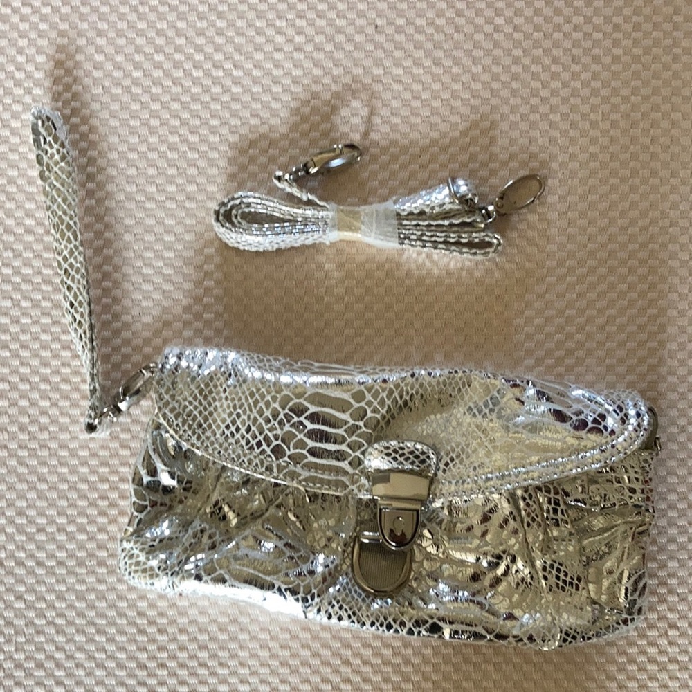 New silver snake skin clutch w/ long handle